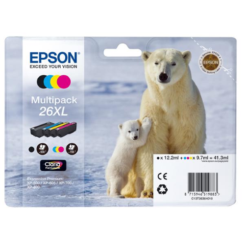 EPSON CART INK MULTIPACK PER XP-600/605/700/800 SERIE 26XL/ORSO POLARE (T262140 + T263240 + T263340 + T263440)
